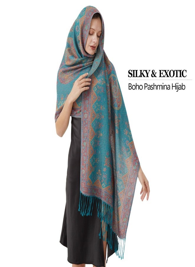Nonakgado Turquoise Pashmina Scarf-Ladies Boho Jacquard Pashmina Wraps and Shawls for Travel Spring Fall Winter(Sy4-Turquoise) - Image 4